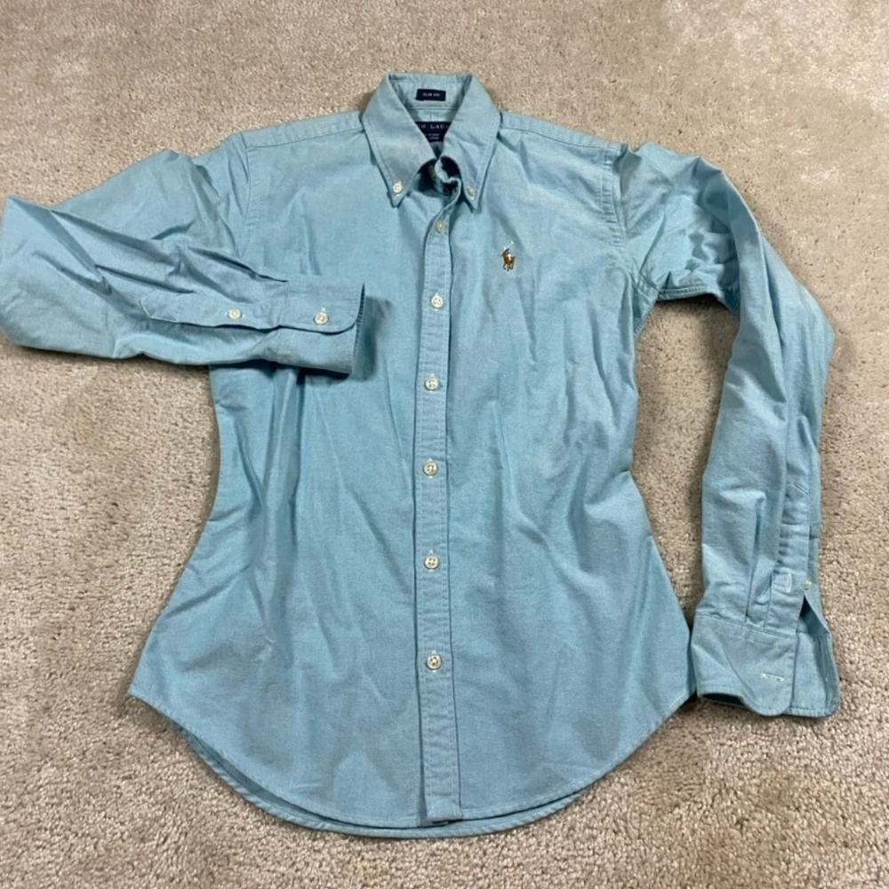 Polo Ralph Lauren Shirt Womens 0 Slim Fit Oxford Blue Cotton Button Down Pony